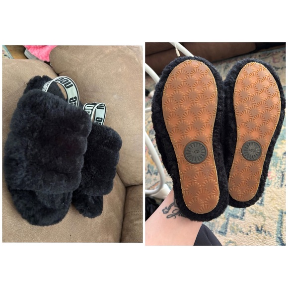 Black Fuzzy Slippers with Logo Strap - Picture 1 of 1